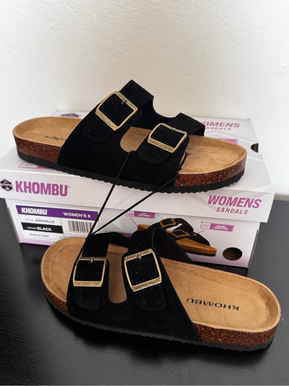 Khombu Women's Black Slide Sandals with Gold Buckles